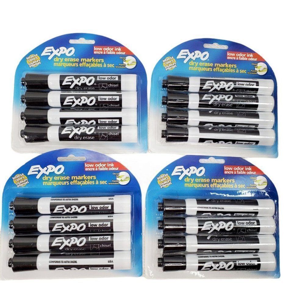 Expo Dry Erase Markers Chisel Tip Low Odor 4 Black Markers New 80661C Lot 4